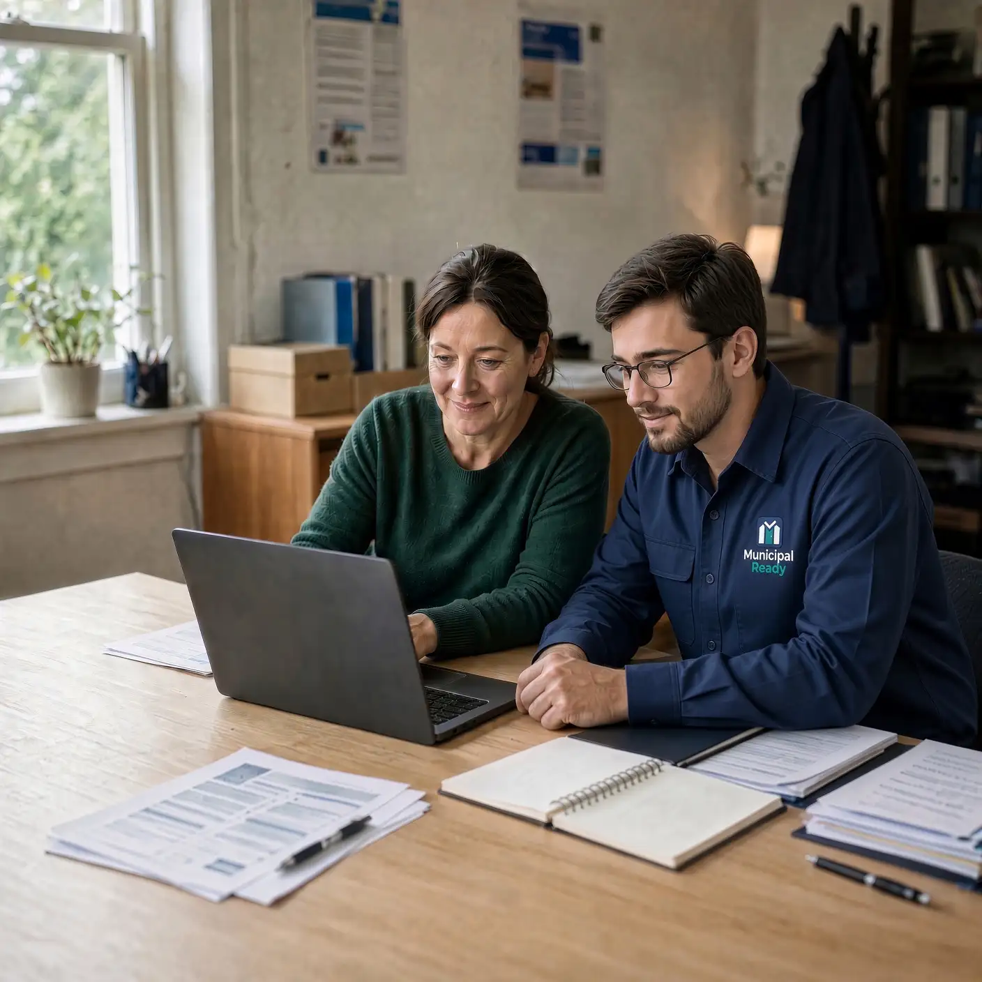 Municipal staff member and website advisor working together at a computer.