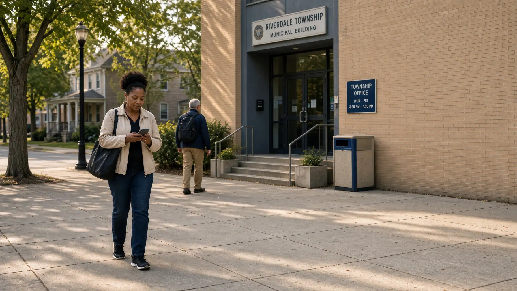 Resident using a smartphone outside a local government office
