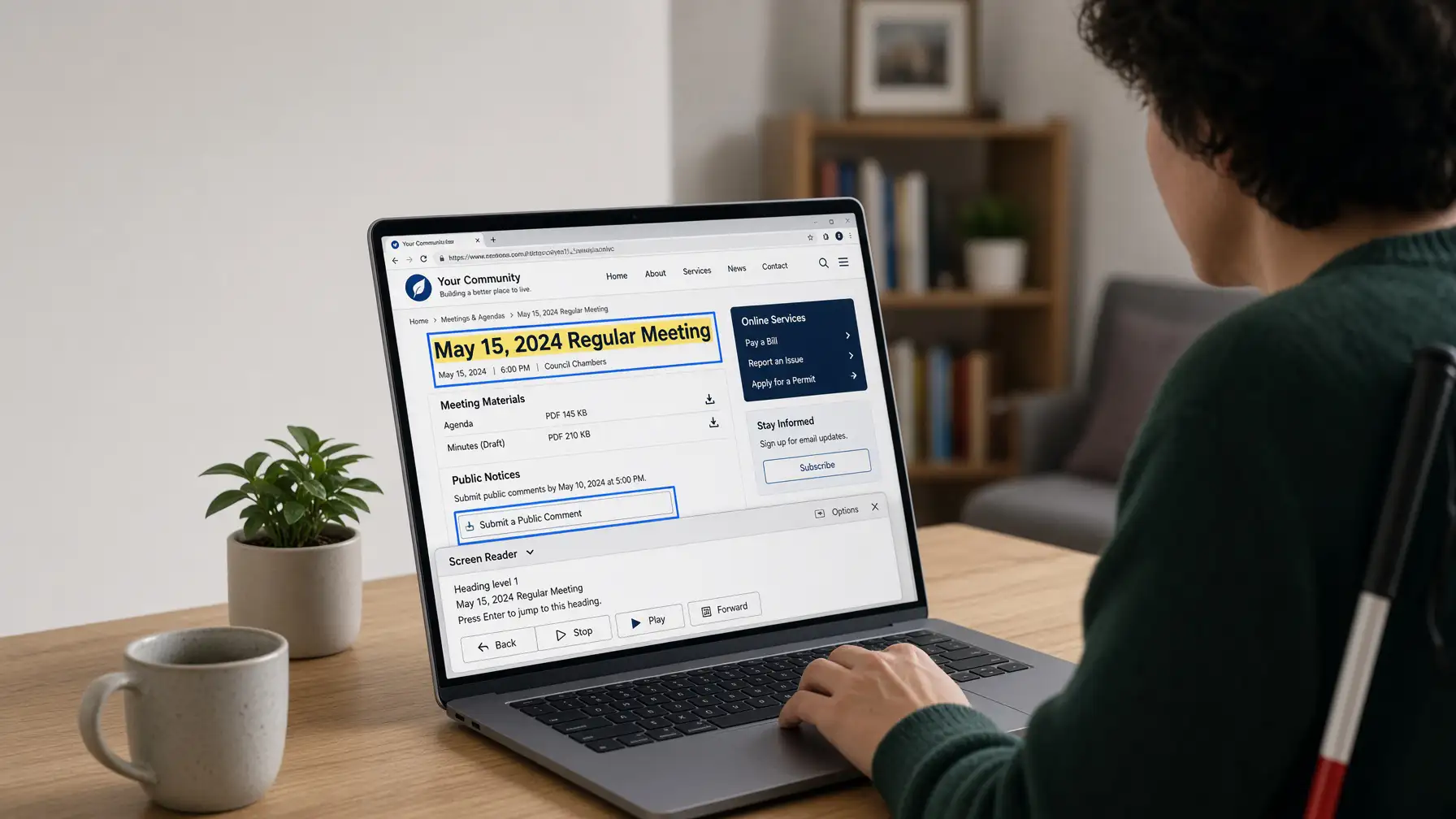 Person using screen reader technology to access a municipal website