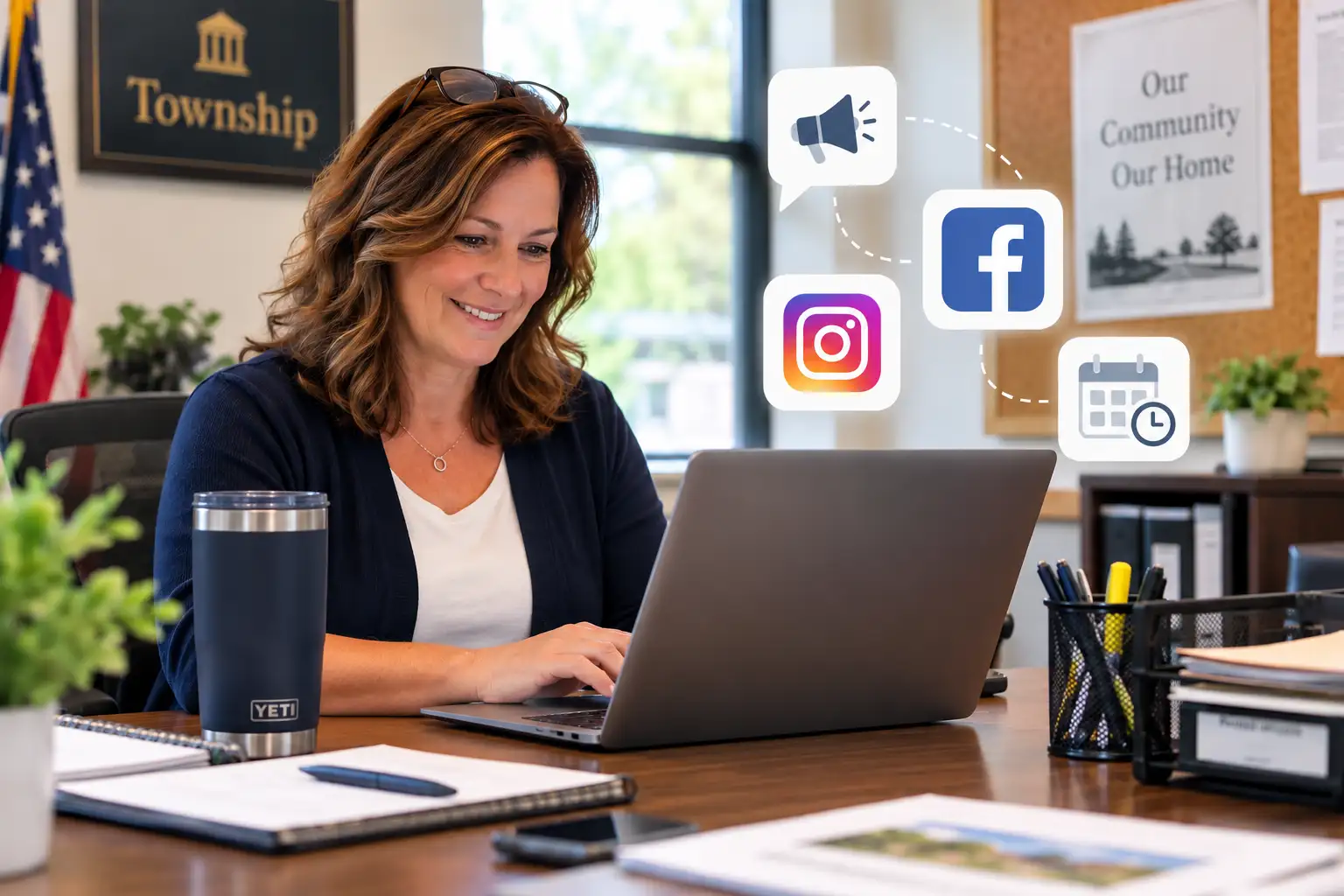 Municipal staff member managing social media and community communications from a township office.