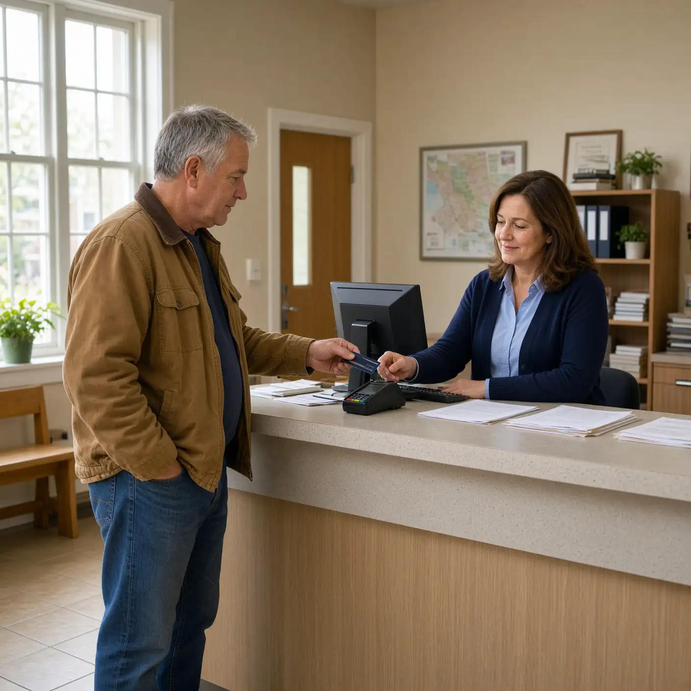 Resident making a card payment at a municipal clerk counter