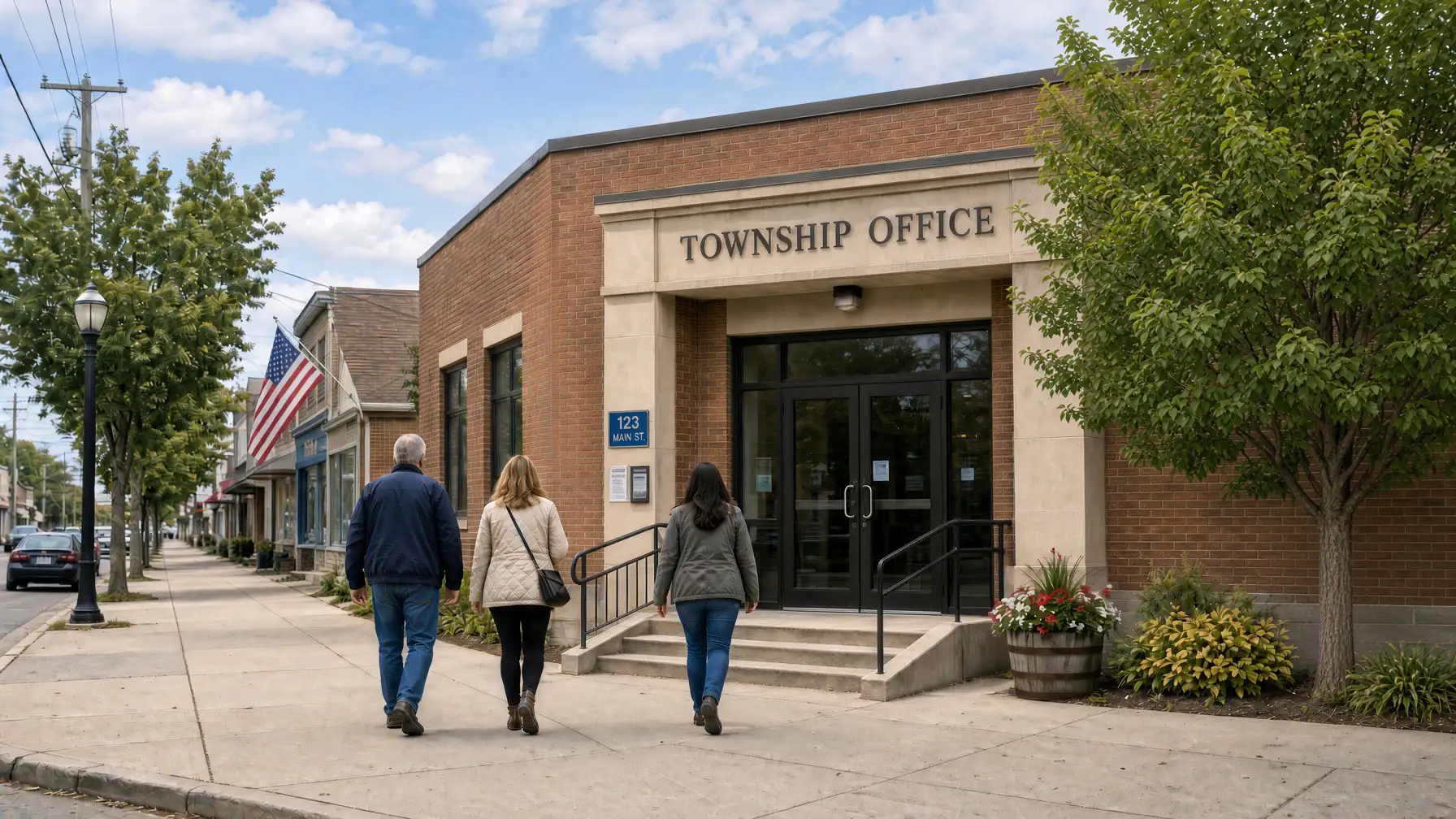Residents walking toward a township office building